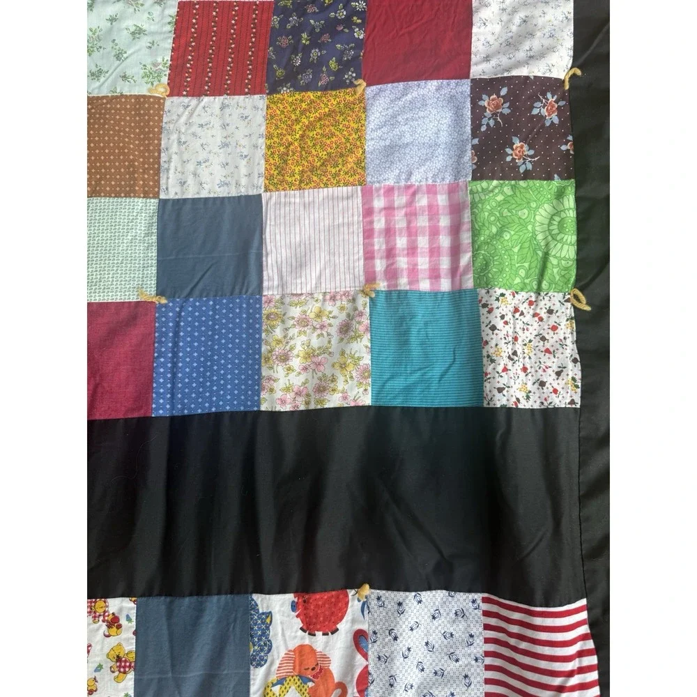 Vintage Patchwork Quilt Multicolor Patterns Squares Black Border 61x83